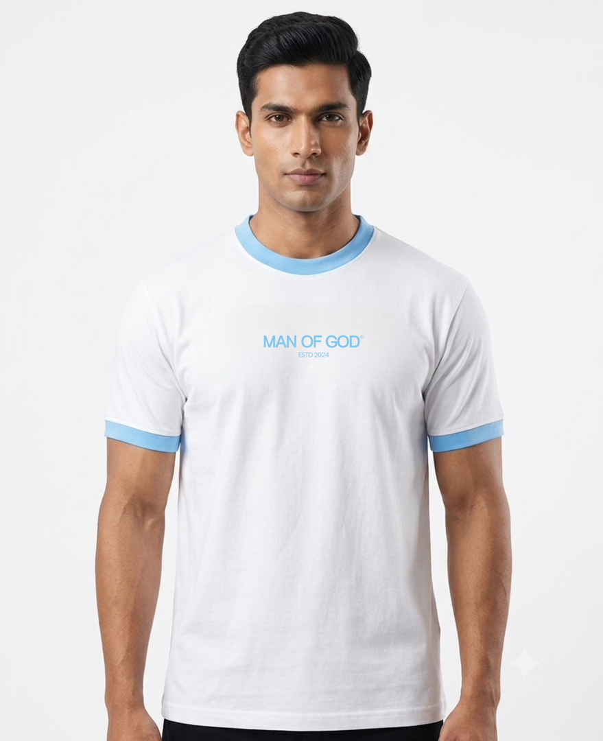 Ringer Tee- White & Sky Blue