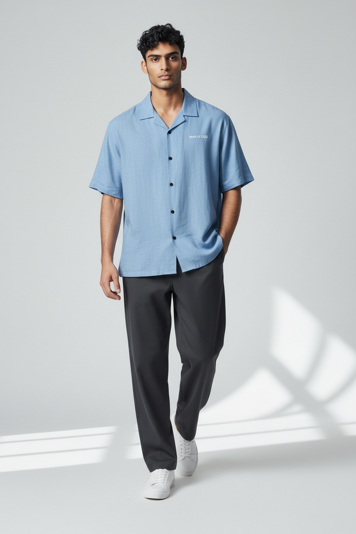 Linen Bowling Shirt- Sky Blue