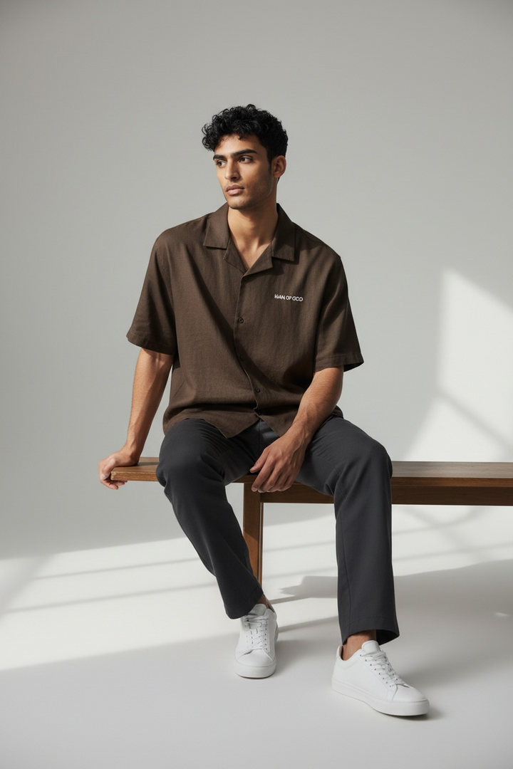 Linen Bowling Shirt- Brown