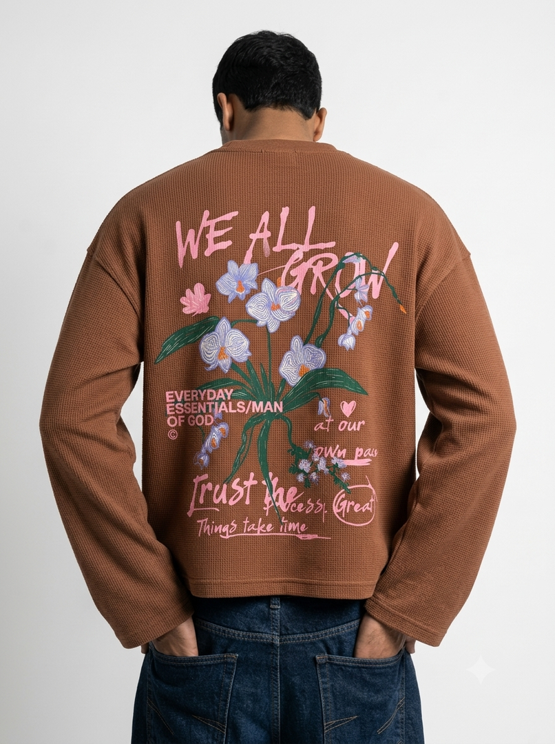 We All Grow Waffle Knit Tee- Brown