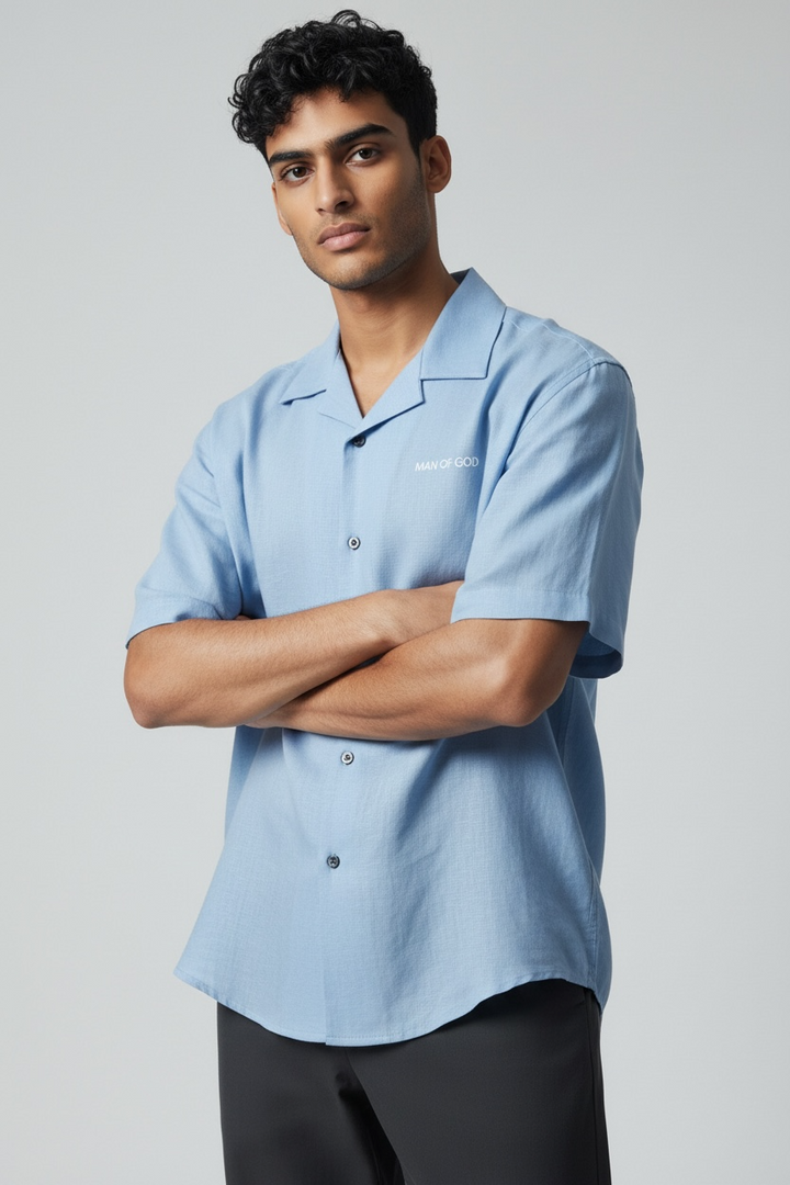 Linen Bowling Shirt- Sky Blue