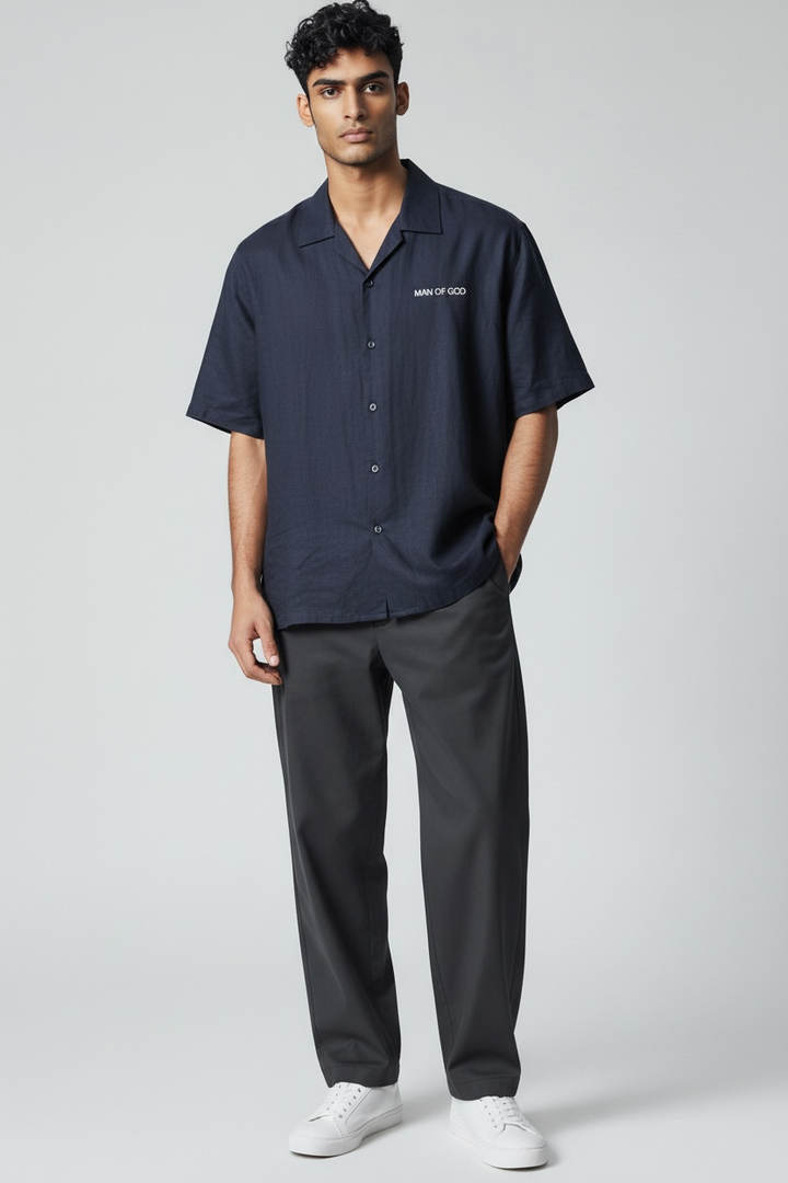 Linen Bowling Shirt- Navy Blue