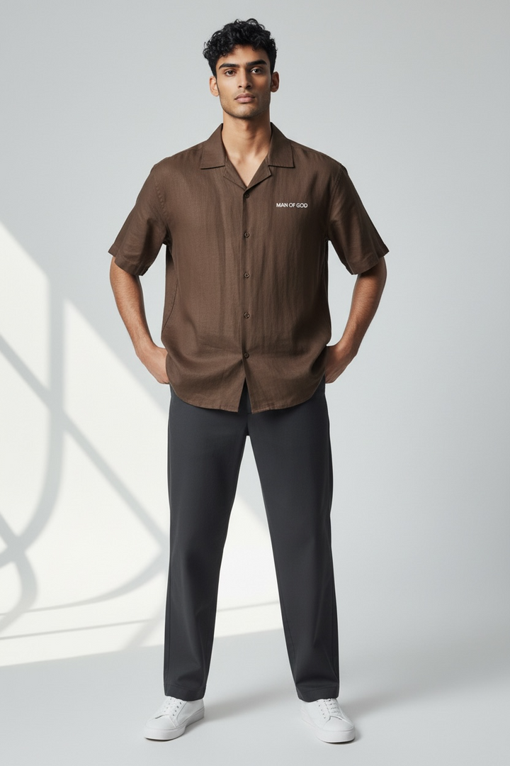 Linen Bowling Shirt- Brown