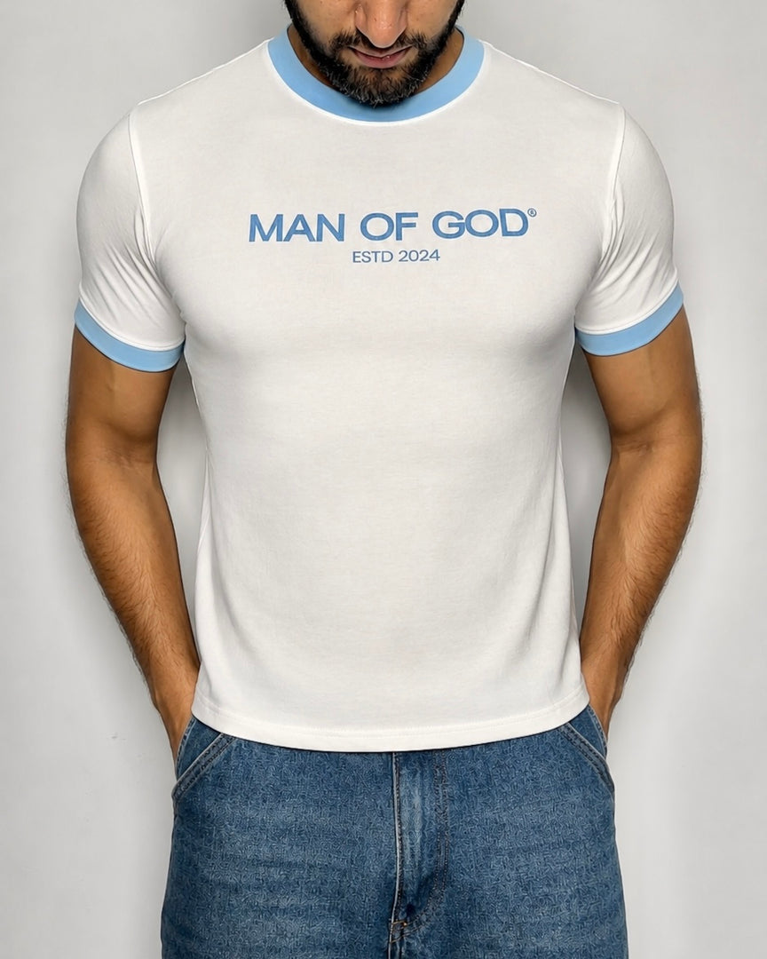 Cropped Ringer Tee- White & Sky Blue