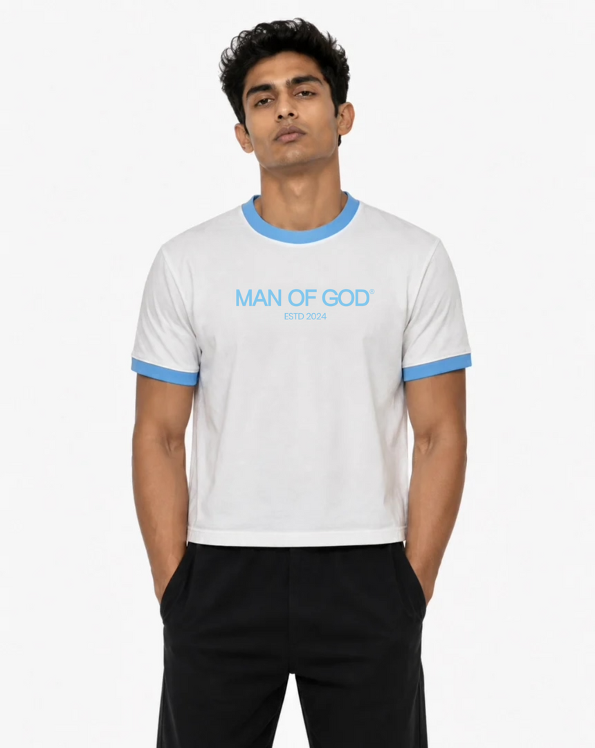 Cropped Ringer Tee- White & Sky Blue